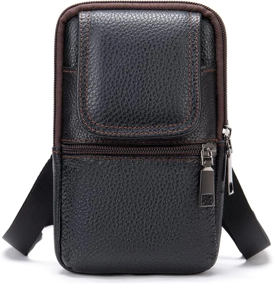 Cell Phone Shoulder Bag Leather Black, Men Mobile Phone Fanny Pack with Clip, Smartphone Shoulder Holster Leather Crossbody Messenger Bag Belt Case Men's Waist Pouch Hip Bag for Hiking Camping Outdoor