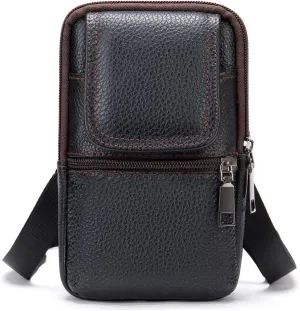 Cell Phone Shoulder Bag Leather Black, Men Mobile Phone Fanny Pack with Clip, Smartphone Shoulder Holster Leather Crossbody Messenger Bag Belt Case Men's Waist Pouch Hip Bag for Hiking Camping Outdoor