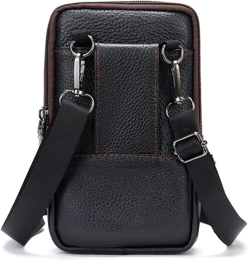 Cell Phone Shoulder Bag Leather Black, Men Mobile Phone Fanny Pack with Clip, Smartphone Shoulder Holster Leather Crossbody Messenger Bag Belt Case Men's Waist Pouch Hip Bag for Hiking Camping Outdoor