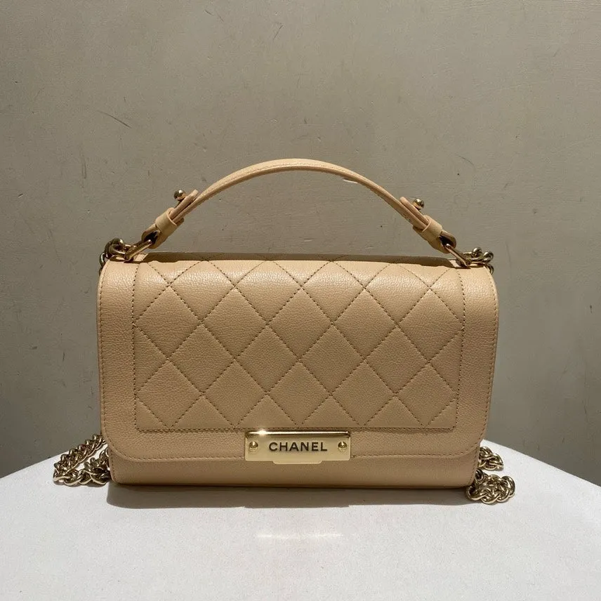 Chanel Handle Flap Bag Beige Leather Top Handle Bag