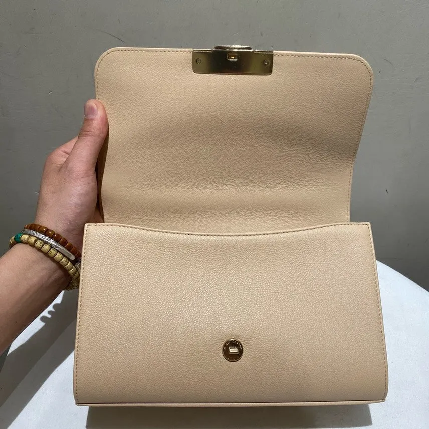 Chanel Handle Flap Bag Beige Leather Top Handle Bag