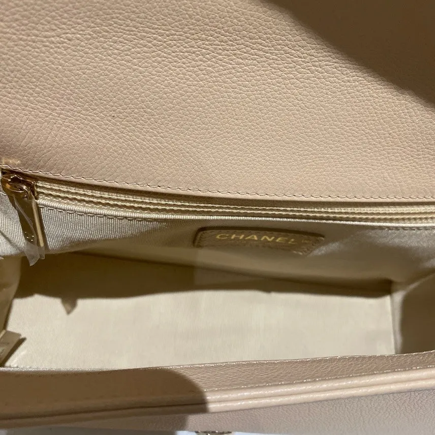 Chanel Handle Flap Bag Beige Leather Top Handle Bag