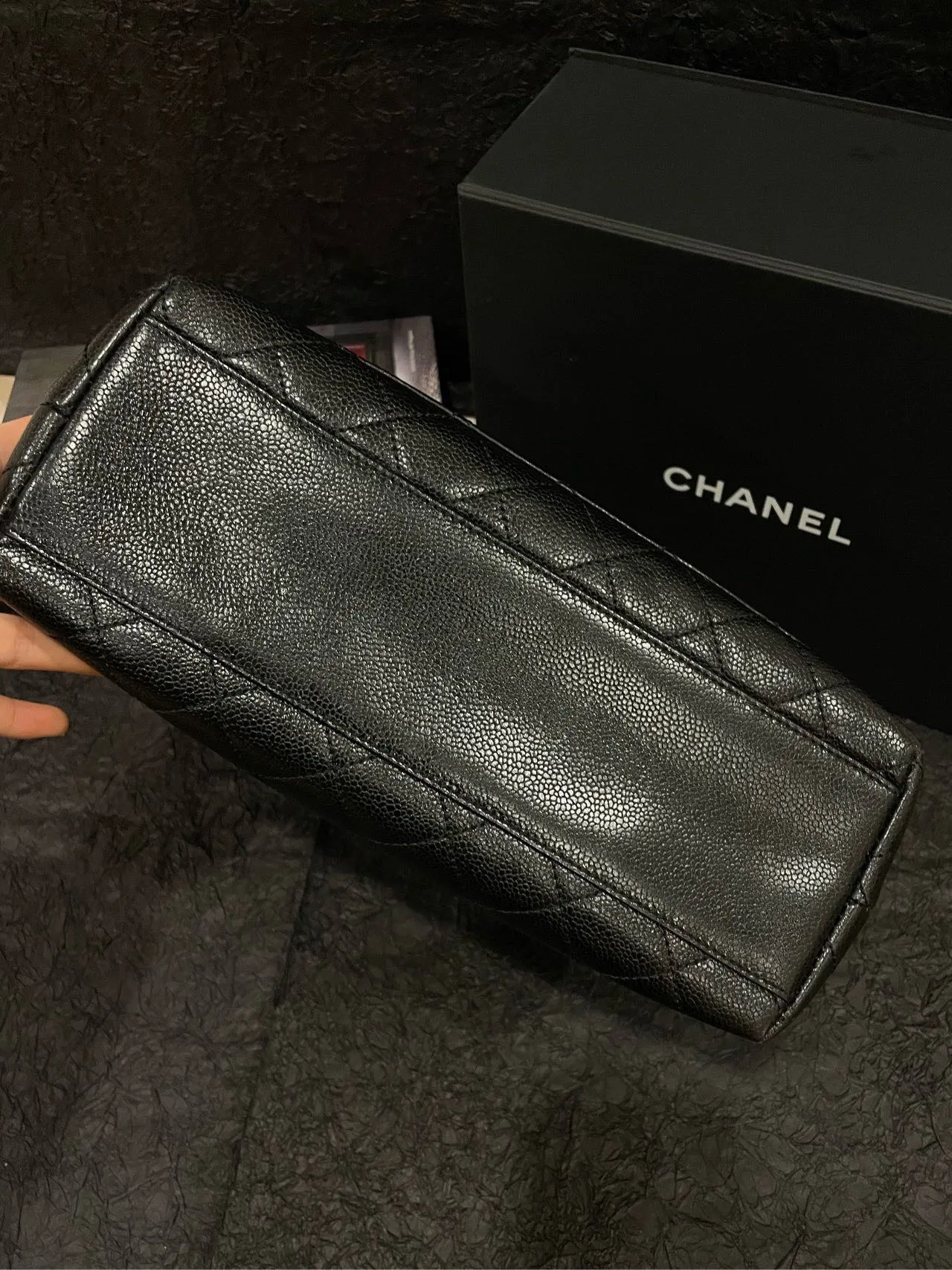Chanel Vintage Black Gold Caviar Kelly 30 Handle Bag