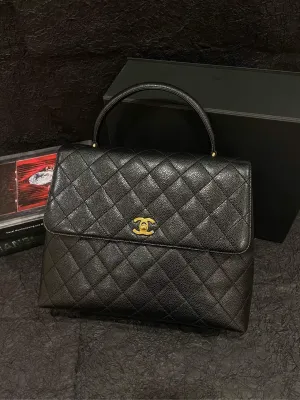 Chanel Vintage Black Gold Caviar Kelly 30 Handle Bag