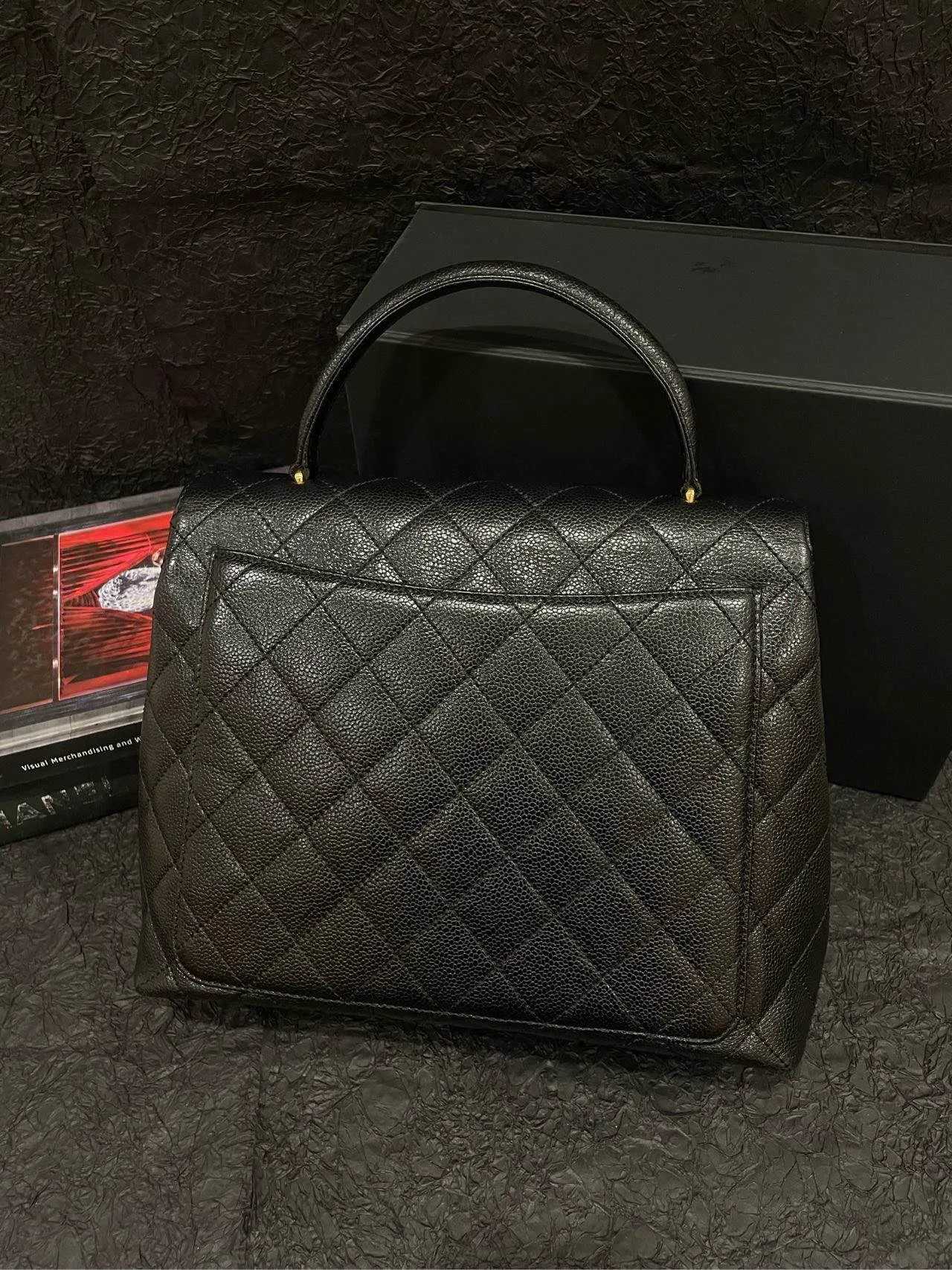 Chanel Vintage Black Gold Caviar Kelly 30 Handle Bag
