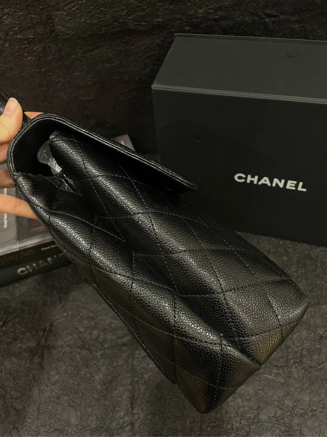 Chanel Vintage Black Gold Caviar Kelly 30 Handle Bag