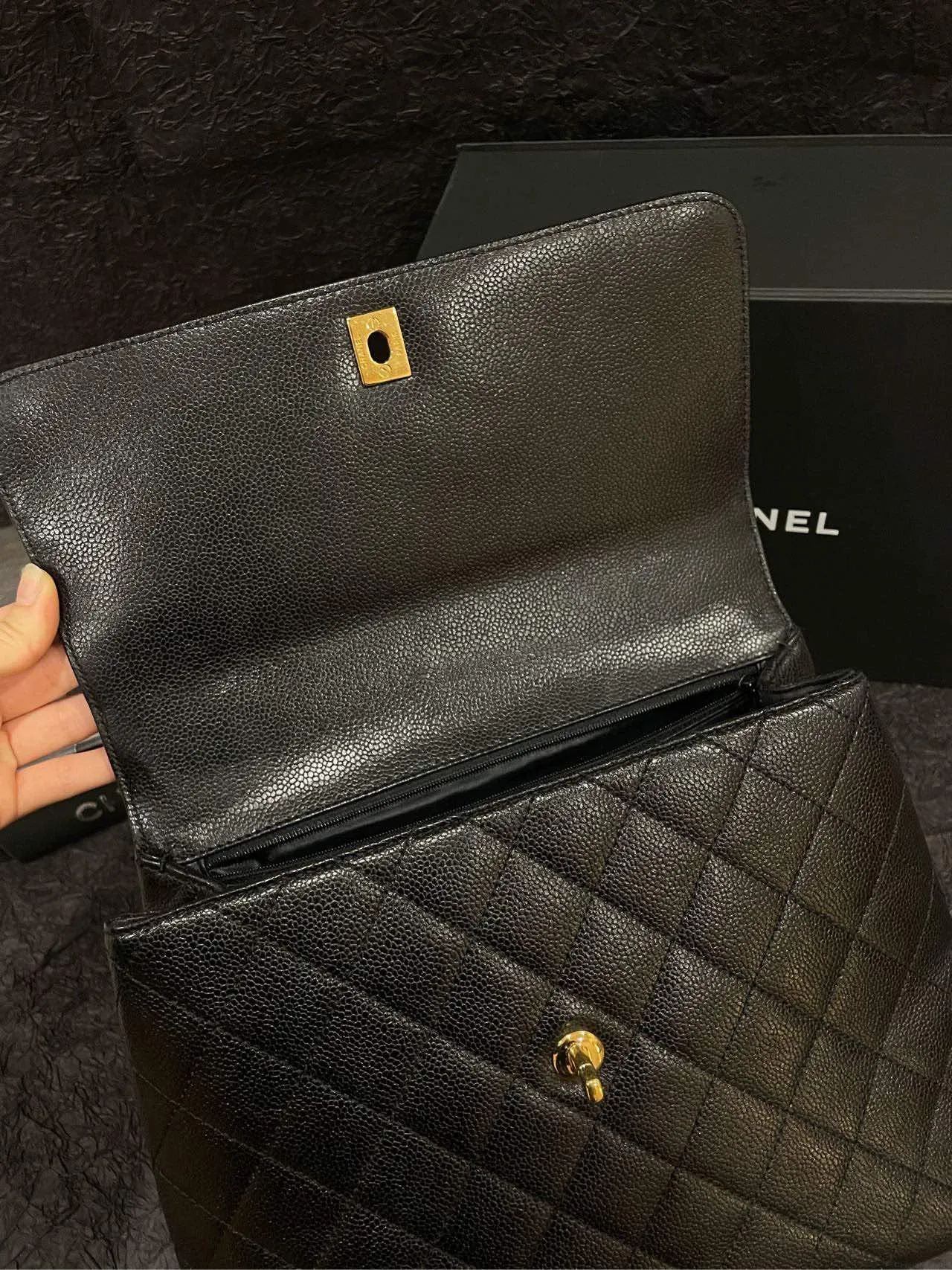 Chanel Vintage Black Gold Caviar Kelly 30 Handle Bag