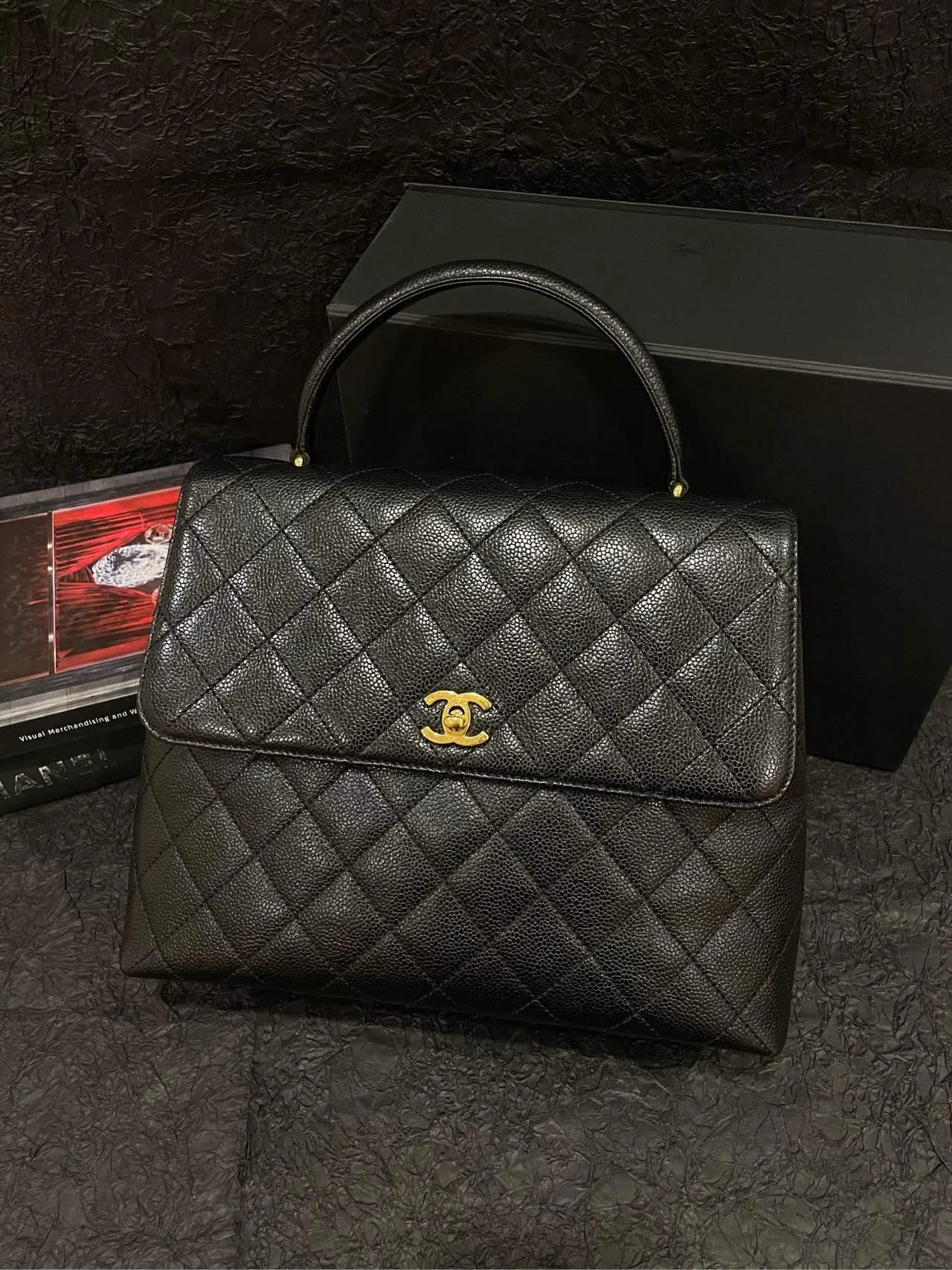 Chanel Vintage Black Gold Caviar Kelly 30 Handle Bag