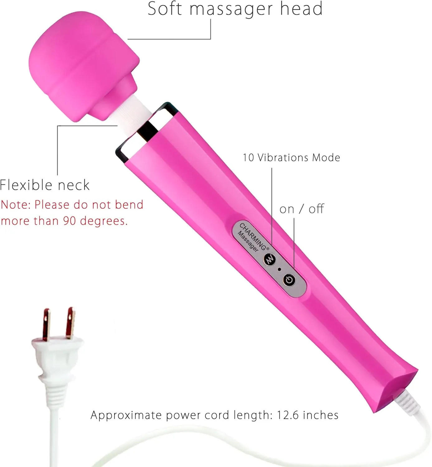 CHARMING 10 Speeds Wired Powerful Handheld Back Massager with Strong Vibration Wand, Personal Therapy Massager for Sports Recovery, Muscle Aches, Body Pain- Rose red