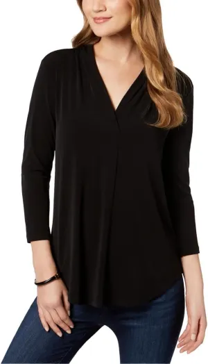 Charter Club Women's Pleat Neck 3/4 Sleeve Top Black Size Large