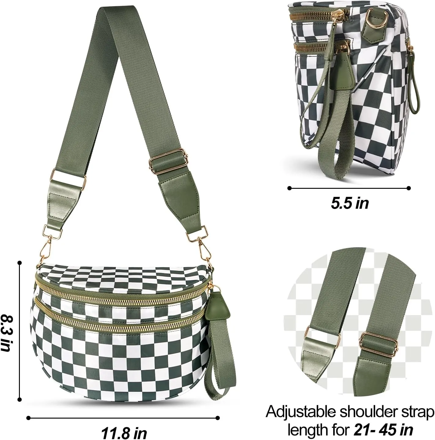 Checkered Crossbody Bag,Nylon Bum Bags for Women Crossbody,Spacious Sling Bag Purse Fanny Packs with Shoulder Strap