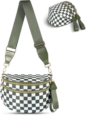 Checkered Crossbody Bag,Nylon Bum Bags for Women Crossbody,Spacious Sling Bag Purse Fanny Packs with Shoulder Strap