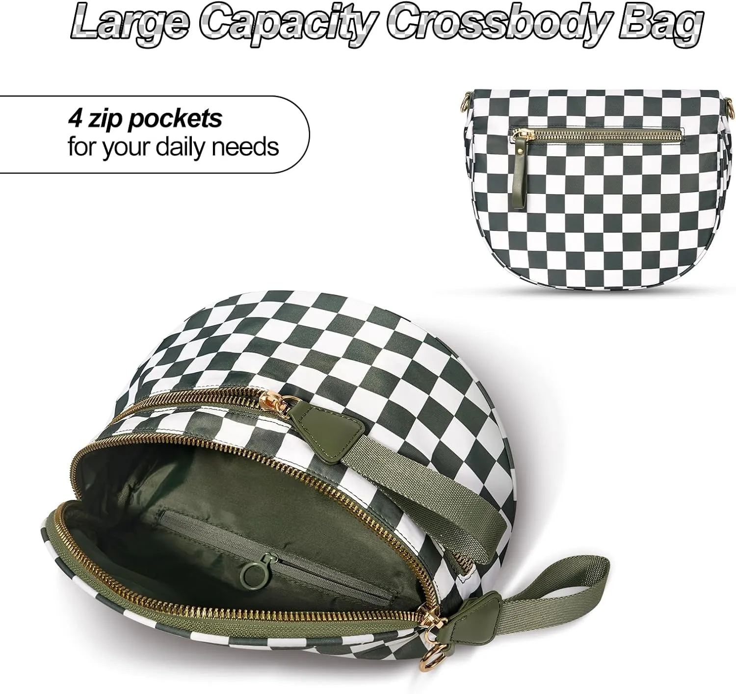Checkered Crossbody Bag,Nylon Bum Bags for Women Crossbody,Spacious Sling Bag Purse Fanny Packs with Shoulder Strap
