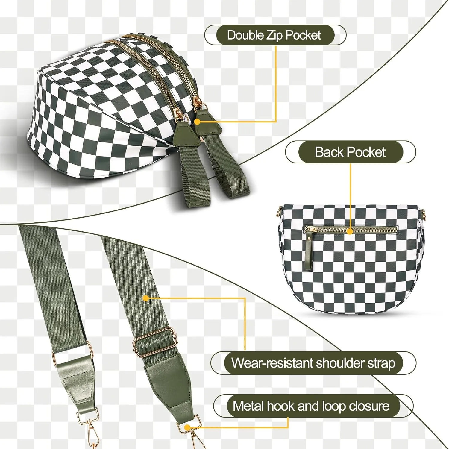 Checkered Crossbody Bag,Nylon Bum Bags for Women Crossbody,Spacious Sling Bag Purse Fanny Packs with Shoulder Strap