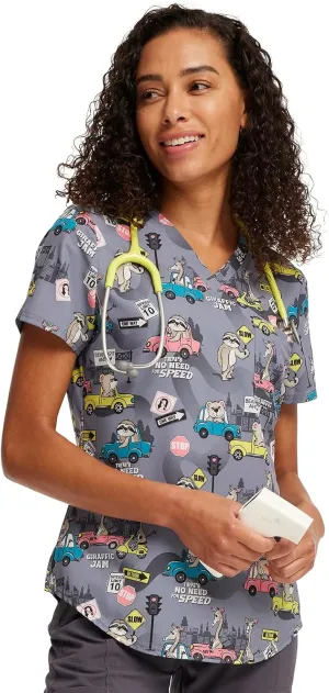 Cherokee Scrubs for Women V-Neck Printed Scrub Top Modern Classic Fit with 3 Pockets, Shaping Darts & Side Vents - CK664