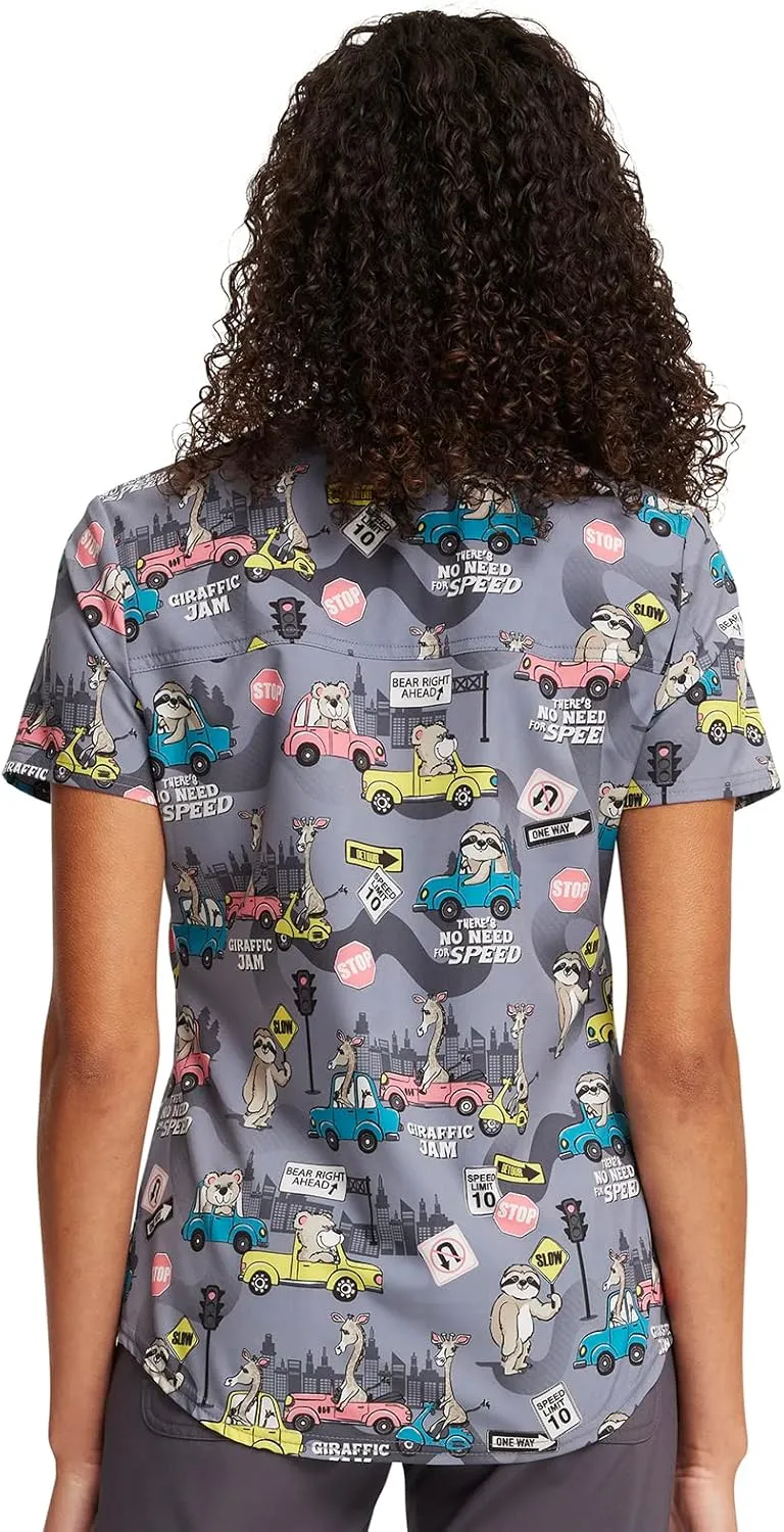 Cherokee Scrubs for Women V-Neck Printed Scrub Top Modern Classic Fit with 3 Pockets, Shaping Darts & Side Vents - CK664