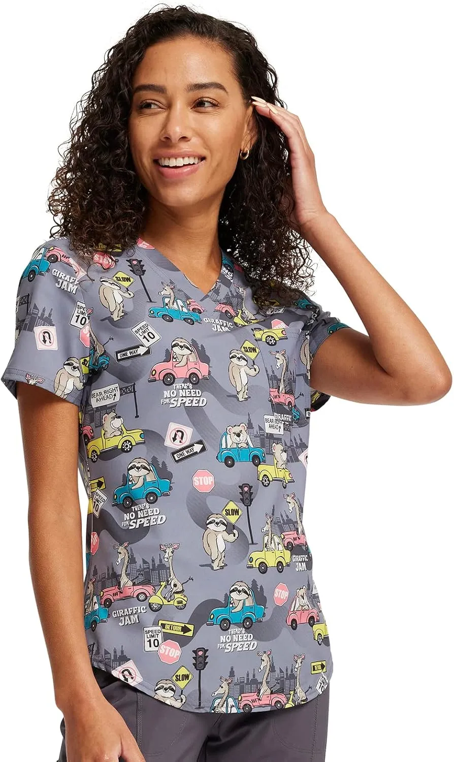 Cherokee Scrubs for Women V-Neck Printed Scrub Top Modern Classic Fit with 3 Pockets, Shaping Darts & Side Vents - CK664