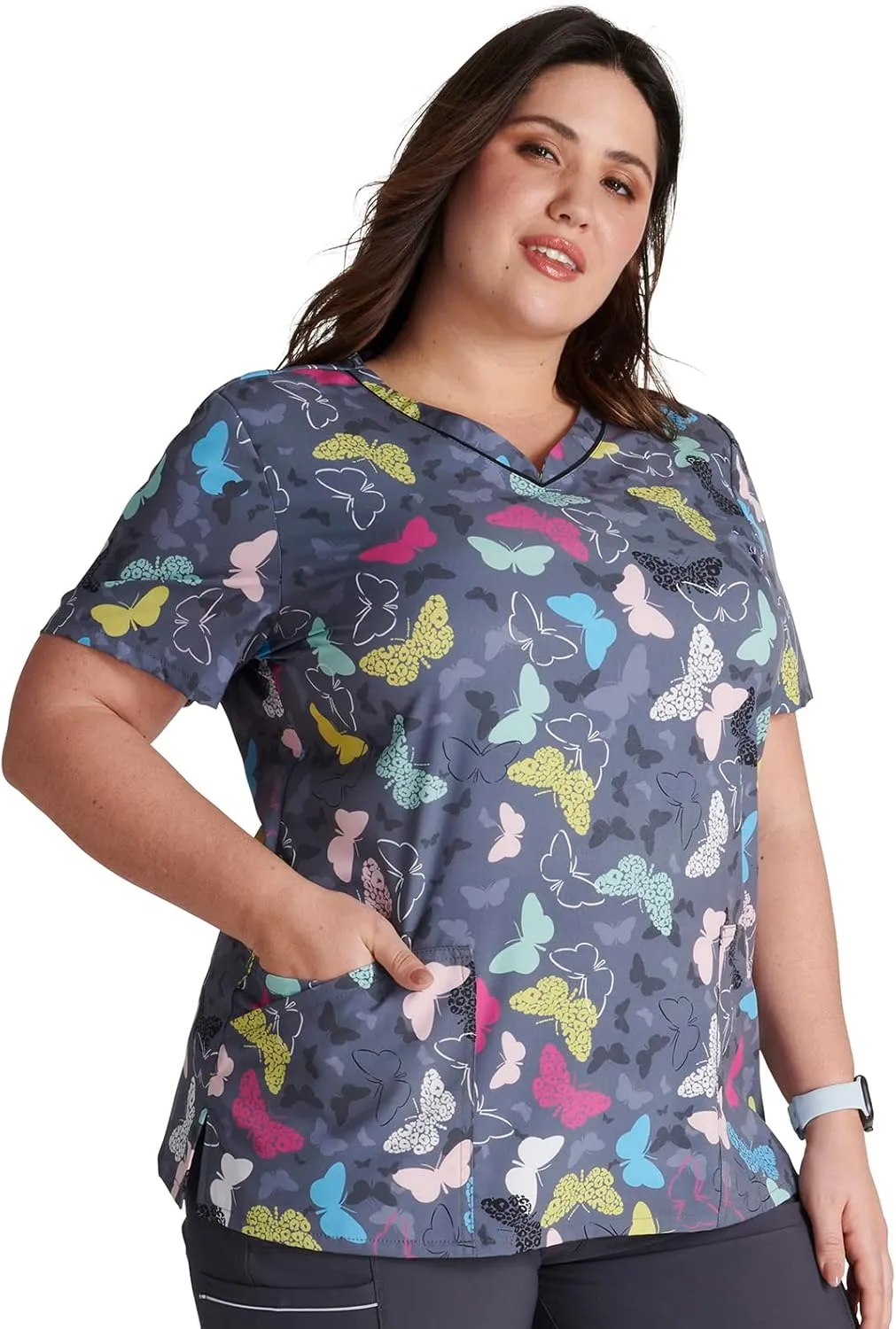 Cherokee Scrubs for Women V-Neck Printed Top Modern Classic Fit with 3 Pockets, Knit Details & Side Vents CK678