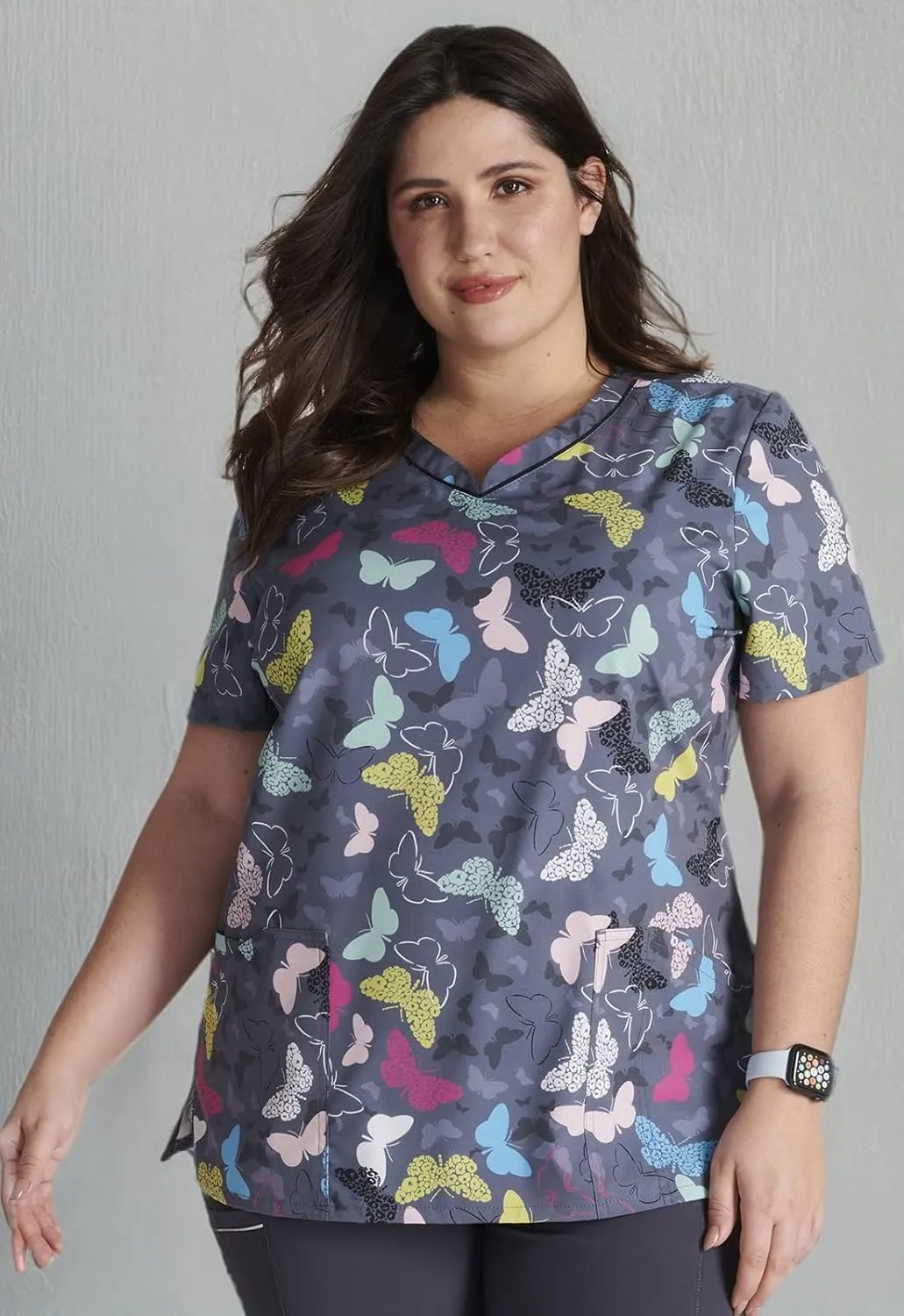 Cherokee Scrubs for Women V-Neck Printed Top Modern Classic Fit with 3 Pockets, Knit Details & Side Vents CK678
