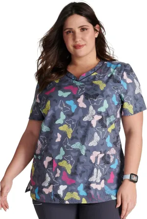 Cherokee Scrubs for Women V-Neck Printed Top Modern Classic Fit with 3 Pockets, Knit Details & Side Vents CK678