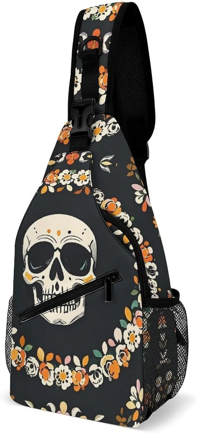 Chest Bag A Wreath Surrounds The Skeleton Sling Bag for Men Crossbody Bag Fanny Packs for Women Sling Backpack for Travel