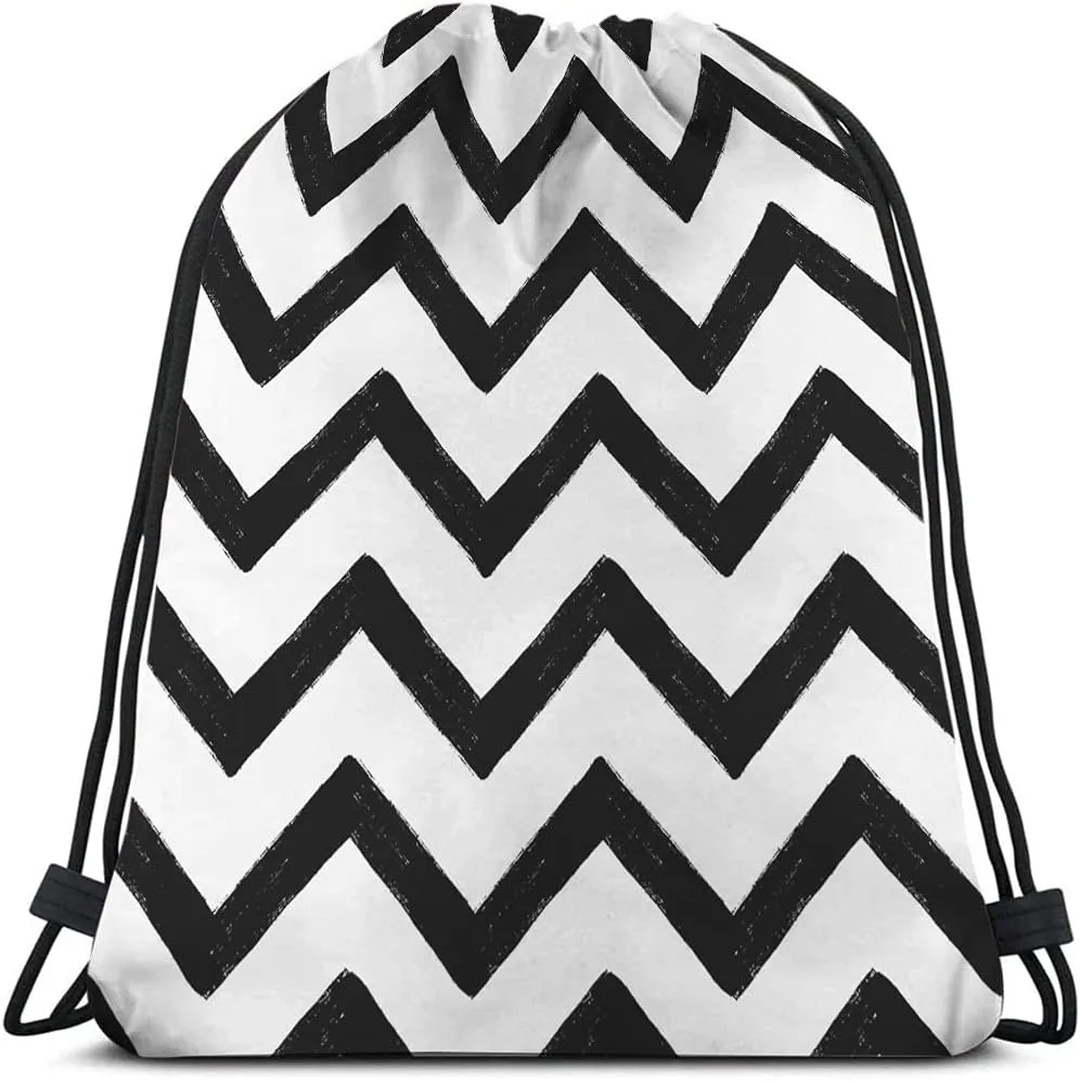 Chevron Drawstring Backpack Bag - Black And White Zig Zag Stripes Pattern Geometric Hand Drawn Sport Gym Sack Drawstring Bag for Men Women