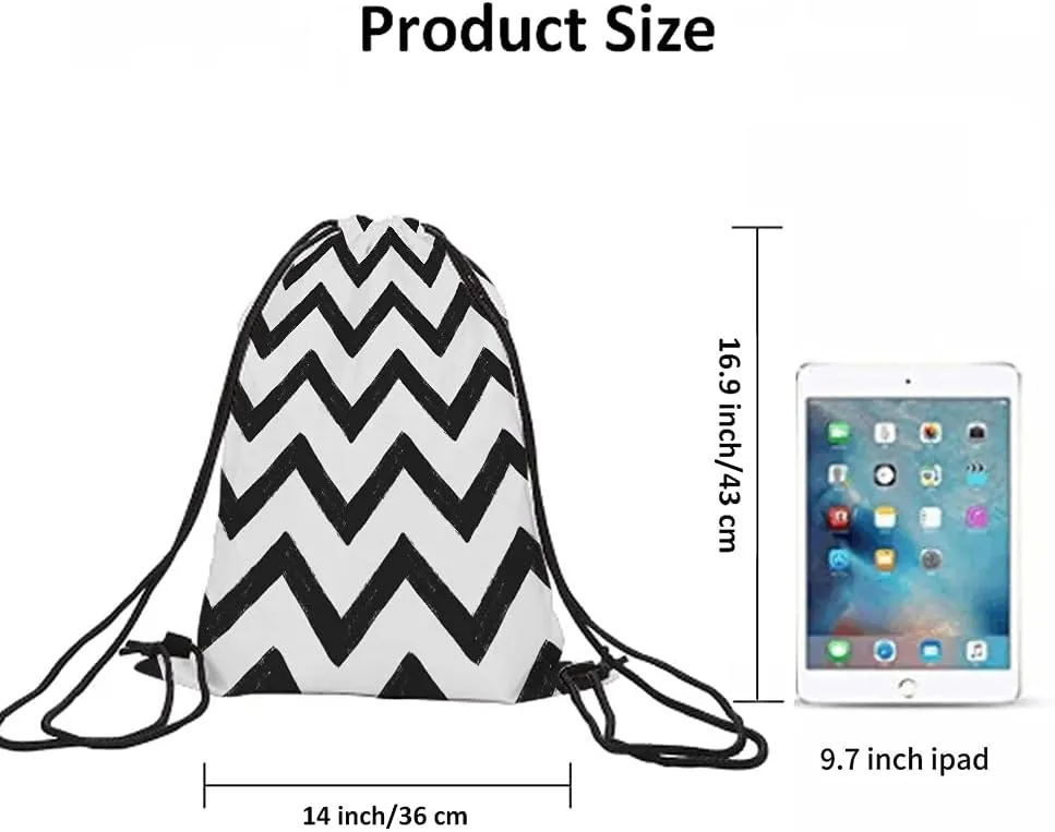 Chevron Drawstring Backpack Bag - Black And White Zig Zag Stripes Pattern Geometric Hand Drawn Sport Gym Sack Drawstring Bag for Men Women
