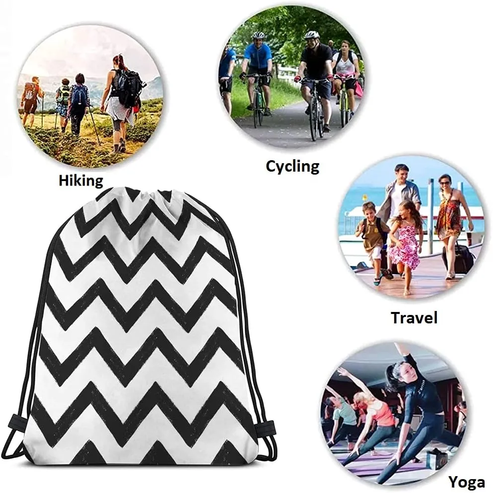 Chevron Drawstring Backpack Bag - Black And White Zig Zag Stripes Pattern Geometric Hand Drawn Sport Gym Sack Drawstring Bag for Men Women