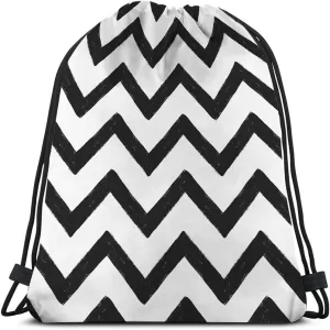 Chevron Drawstring Backpack Bag - Black And White Zig Zag Stripes Pattern Geometric Hand Drawn Sport Gym Sack Drawstring Bag for Men Women