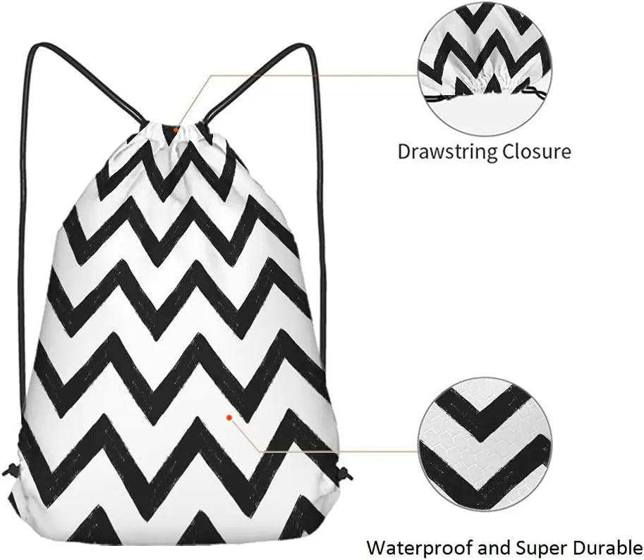 Chevron Drawstring Backpack Bag - Black And White Zig Zag Stripes Pattern Geometric Hand Drawn Sport Gym Sack Drawstring Bag for Men Women