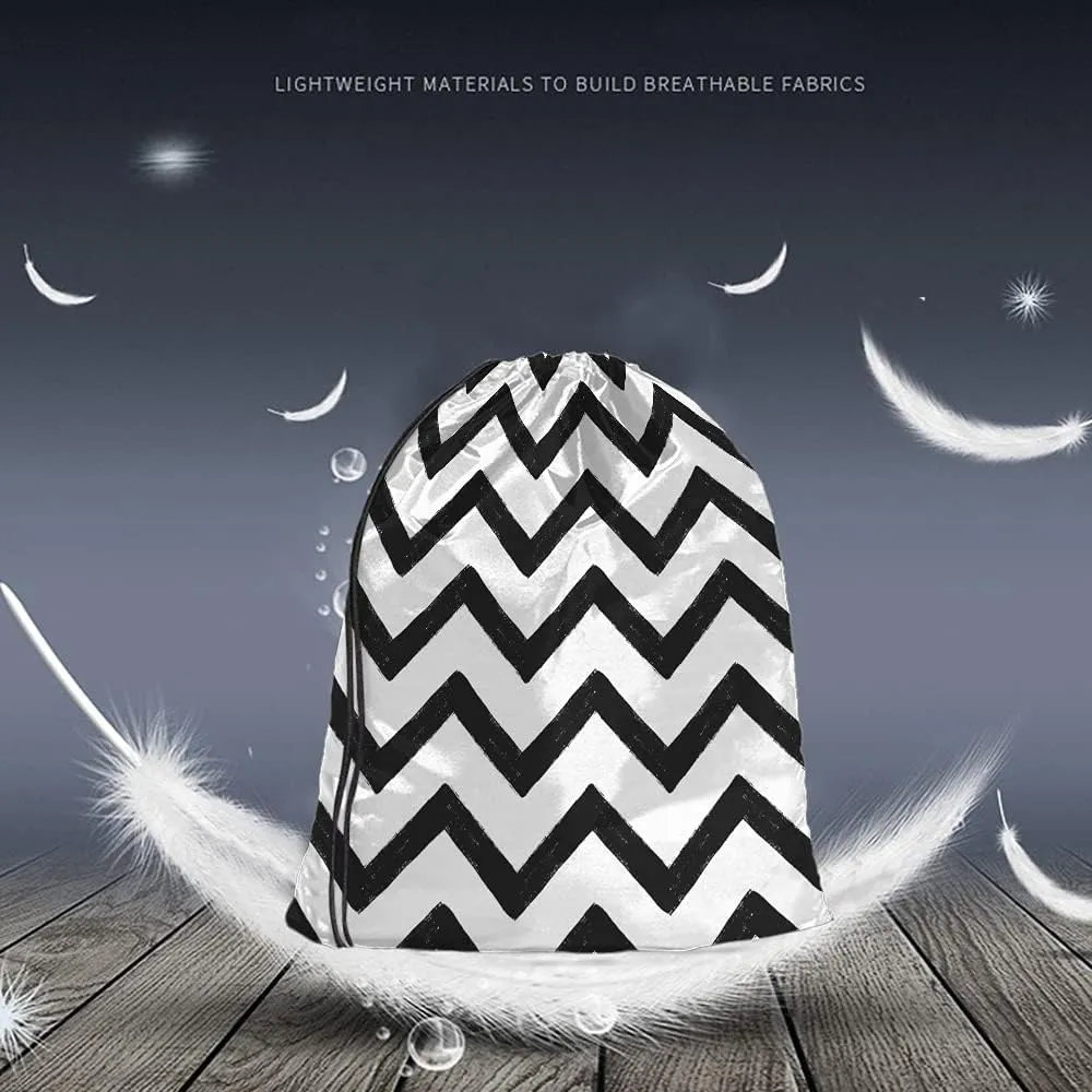Chevron Drawstring Backpack Bag - Black And White Zig Zag Stripes Pattern Geometric Hand Drawn Sport Gym Sack Drawstring Bag for Men Women