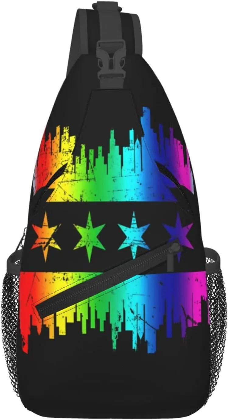 Chicago Skyline Gay LGBT Pride Rainbow Flag Crossbody Bags Sling Backpack Cross Chest Bag Sports Shoulder Bag Gym Fanny Pack Adjustable Cycling Daypack Diagonally Rucksack for Running