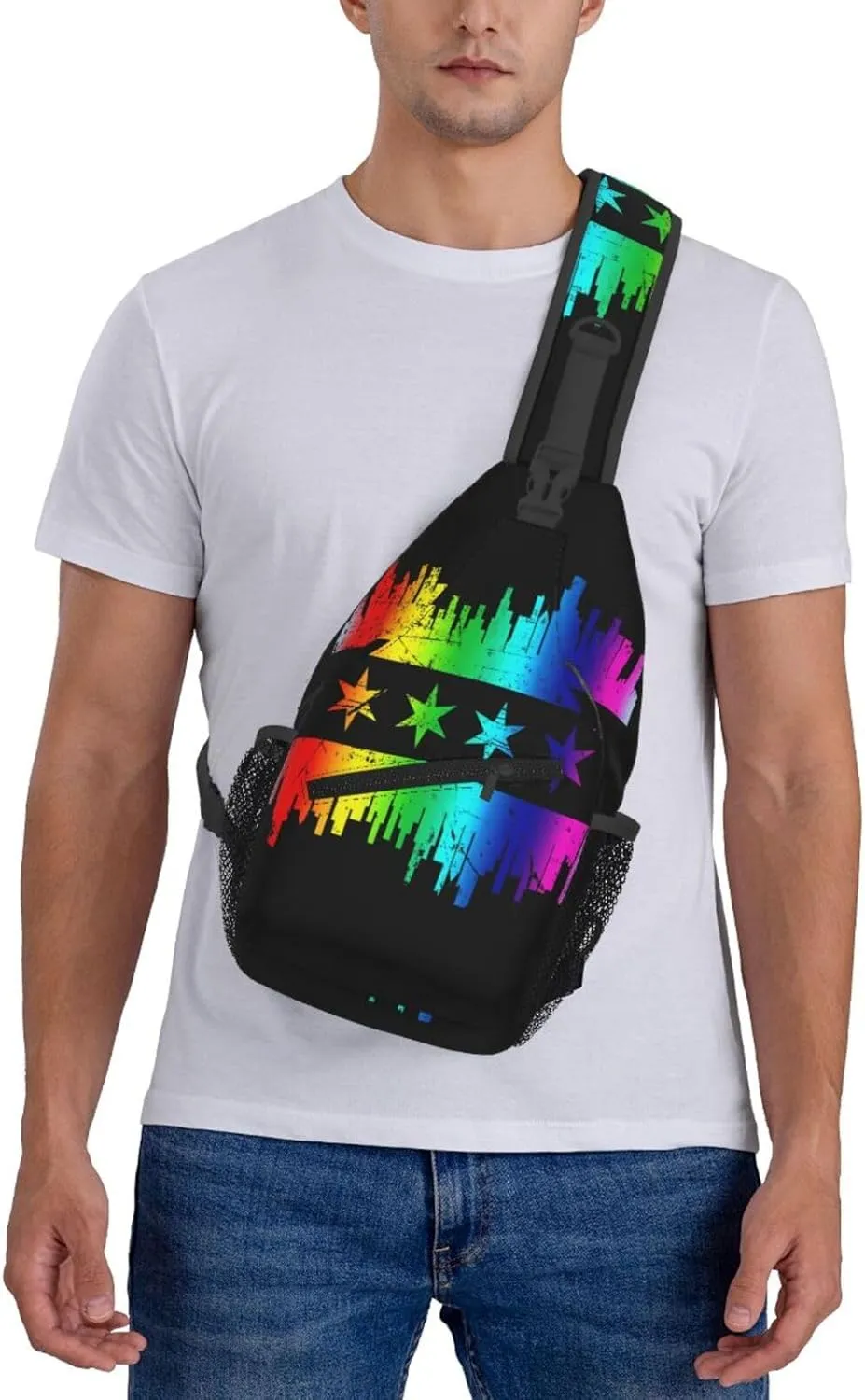 Chicago Skyline Gay LGBT Pride Rainbow Flag Crossbody Bags Sling Backpack Cross Chest Bag Sports Shoulder Bag Gym Fanny Pack Adjustable Cycling Daypack Diagonally Rucksack for Running