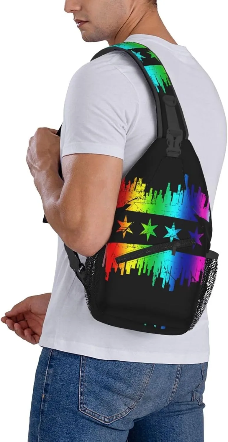 Chicago Skyline Gay LGBT Pride Rainbow Flag Crossbody Bags Sling Backpack Cross Chest Bag Sports Shoulder Bag Gym Fanny Pack Adjustable Cycling Daypack Diagonally Rucksack for Running