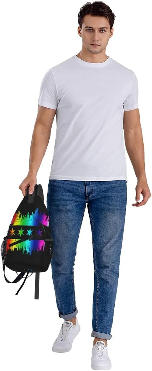 Chicago Skyline Gay LGBT Pride Rainbow Flag Crossbody Bags Sling Backpack Cross Chest Bag Sports Shoulder Bag Gym Fanny Pack Adjustable Cycling Daypack Diagonally Rucksack for Running