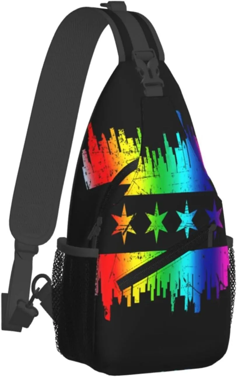 Chicago Skyline Gay LGBT Pride Rainbow Flag Crossbody Bags Sling Backpack Cross Chest Bag Sports Shoulder Bag Gym Fanny Pack Adjustable Cycling Daypack Diagonally Rucksack for Running