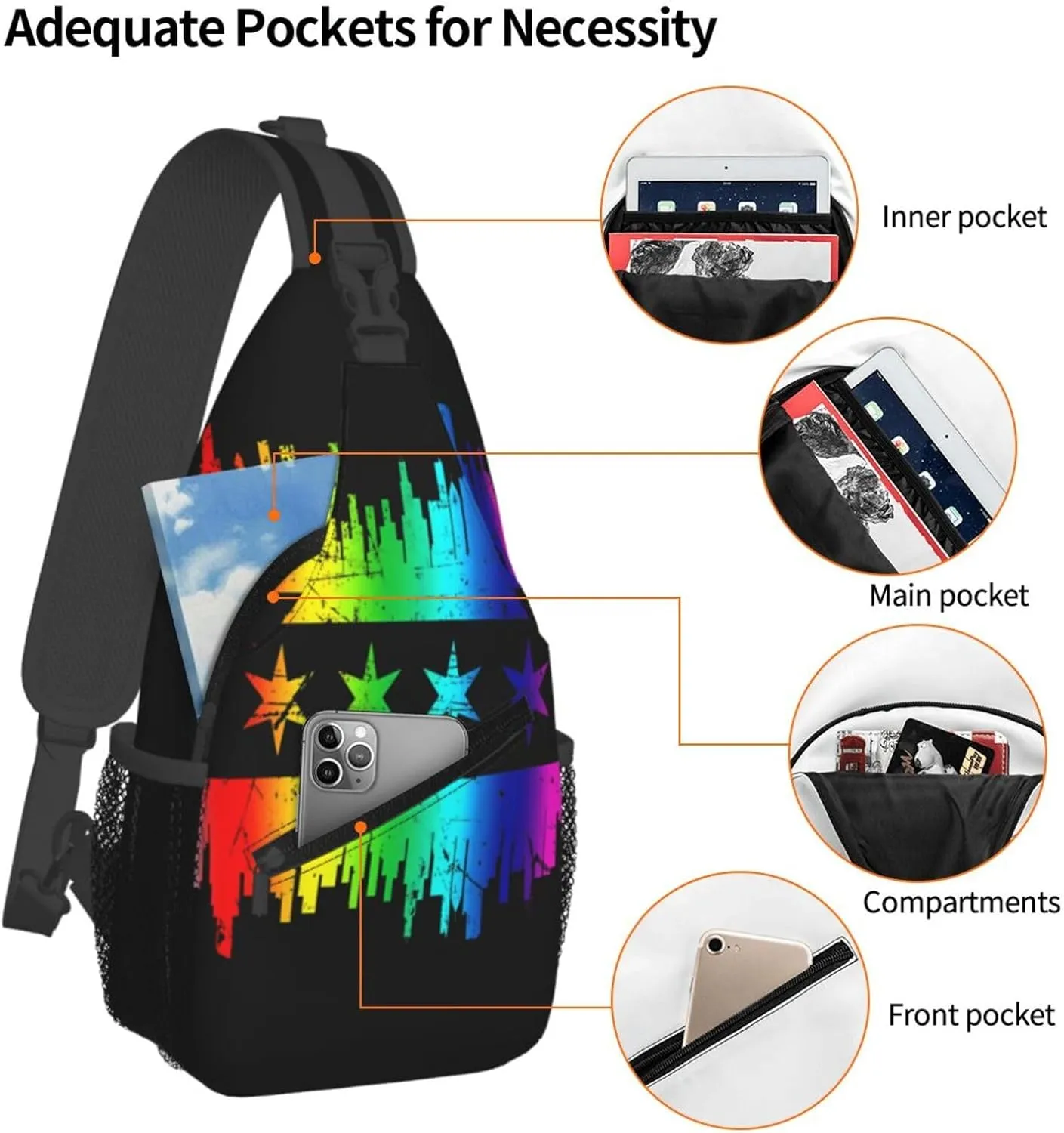 Chicago Skyline Gay LGBT Pride Rainbow Flag Crossbody Bags Sling Backpack Cross Chest Bag Sports Shoulder Bag Gym Fanny Pack Adjustable Cycling Daypack Diagonally Rucksack for Running