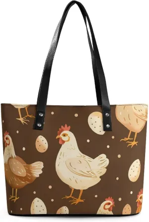 Chicken Rooster Eggs Women's Tote Shoulder Bag Handbag Top Handle Leather 29 * 34 * 14cm
