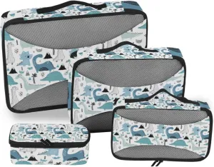 Childish Hand Drawn Dinosaurs in Scandinavian Style Palm Trees 4 PCs Set Packing Bags, Luggage Organizer Bag, Portable Cube Toiletry bag, Durable Travel Cosmetic Storage Bag for Men Women