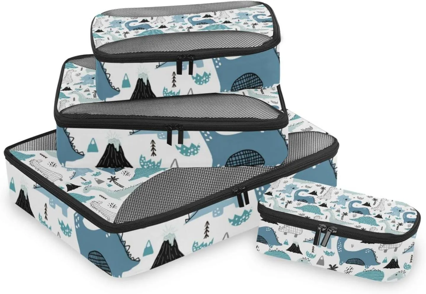 Childish Hand Drawn Dinosaurs in Scandinavian Style Palm Trees 4 PCs Set Packing Bags, Luggage Organizer Bag, Portable Cube Toiletry bag, Durable Travel Cosmetic Storage Bag for Men Women