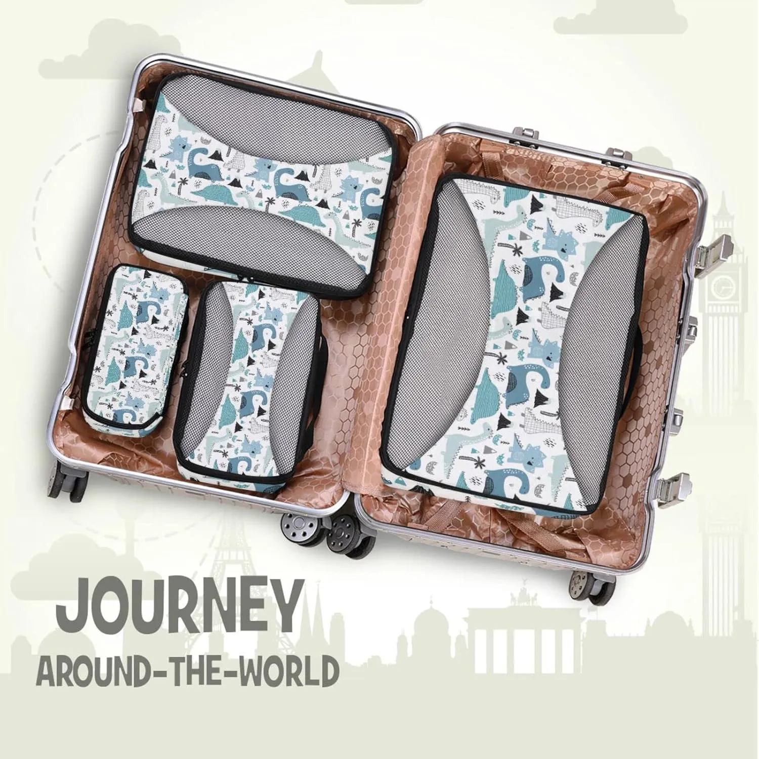 Childish Hand Drawn Dinosaurs in Scandinavian Style Palm Trees 4 PCs Set Packing Bags, Luggage Organizer Bag, Portable Cube Toiletry bag, Durable Travel Cosmetic Storage Bag for Men Women
