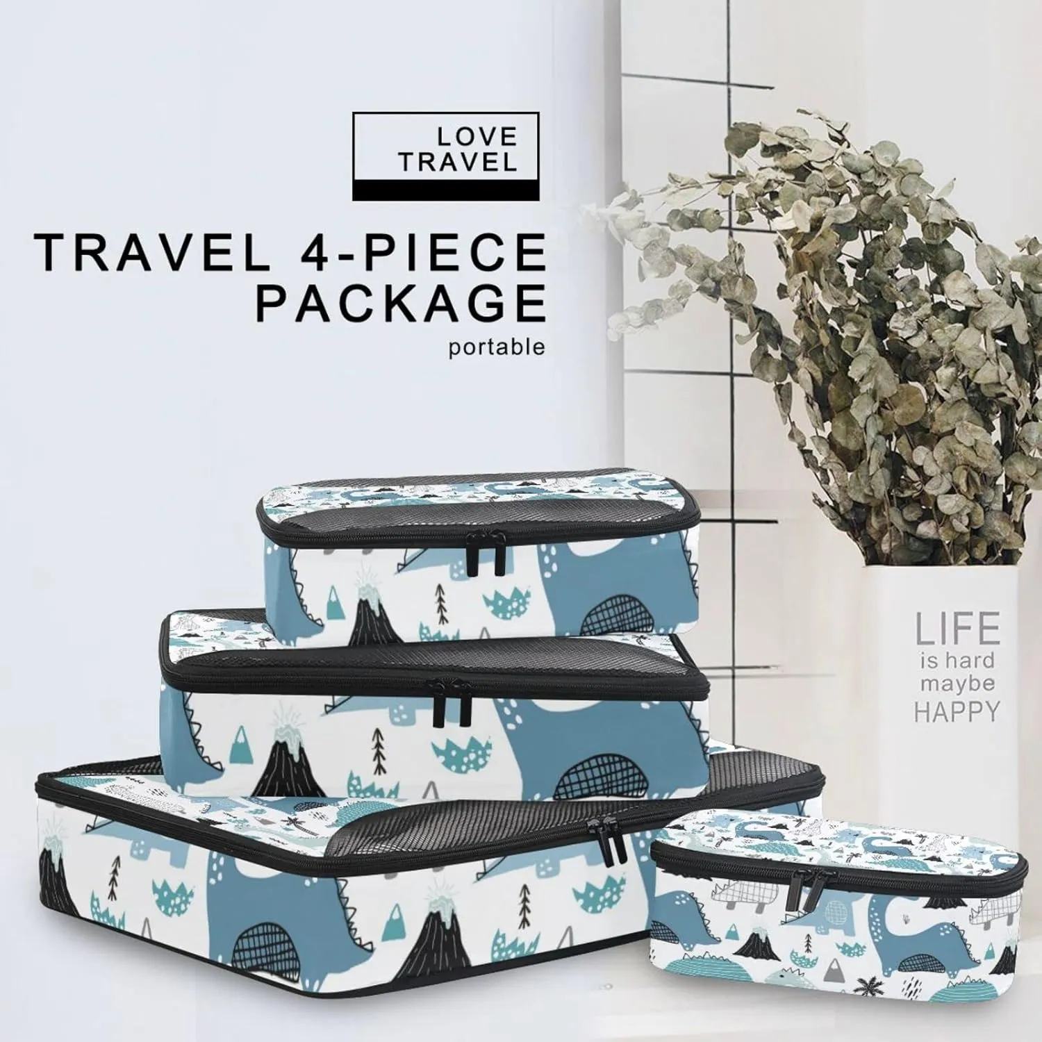 Childish Hand Drawn Dinosaurs in Scandinavian Style Palm Trees 4 PCs Set Packing Bags, Luggage Organizer Bag, Portable Cube Toiletry bag, Durable Travel Cosmetic Storage Bag for Men Women