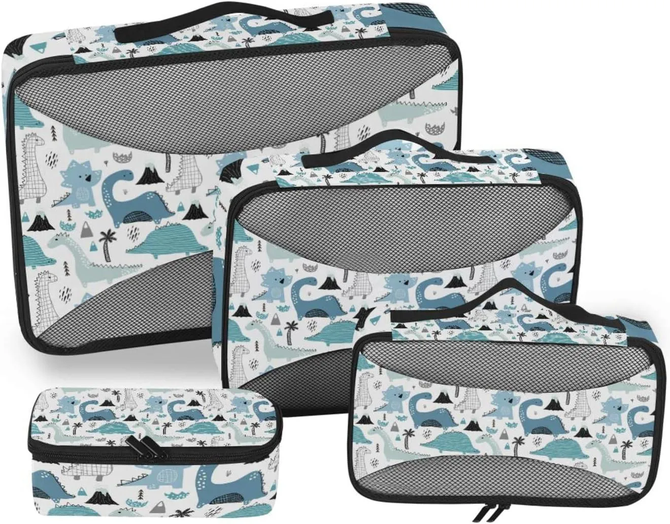Childish Hand Drawn Dinosaurs in Scandinavian Style Palm Trees 4 PCs Set Packing Bags, Luggage Organizer Bag, Portable Cube Toiletry bag, Durable Travel Cosmetic Storage Bag for Men Women