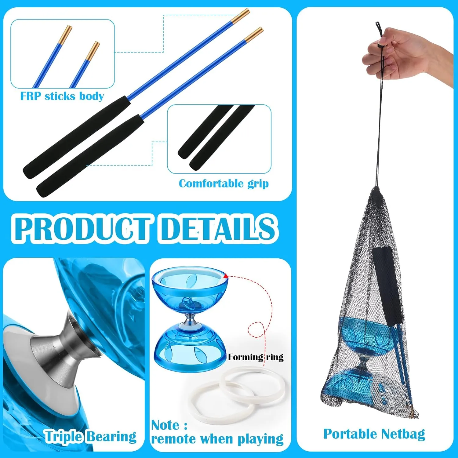 Chinese Yoyo Diabolo Set Includes Colorful Chinese Yoyo with 2 Pieces Diabolo Sticks, 1 Piece String, 1 Net Bag for Fun(Blue)