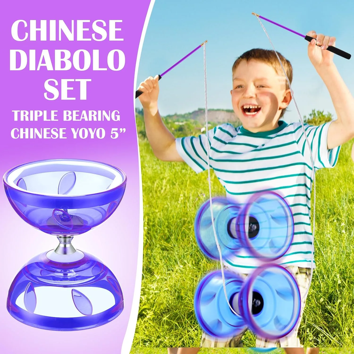 Chinese Yoyo Diabolo Set Includes Colorful Chinese Yoyo with 2 Pieces Diabolo Sticks, 1 Piece String, 1 Net Bag for Fun(Purple)
