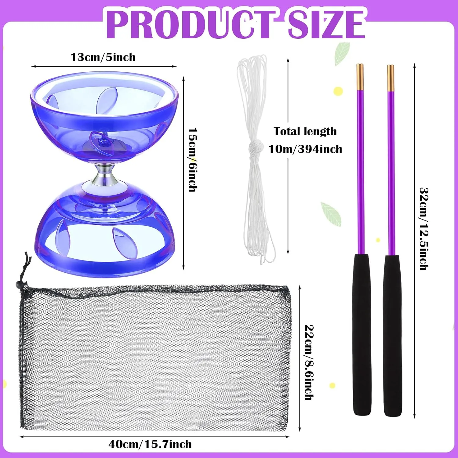 Chinese Yoyo Diabolo Set Includes Colorful Chinese Yoyo with 2 Pieces Diabolo Sticks, 1 Piece String, 1 Net Bag for Fun(Purple)