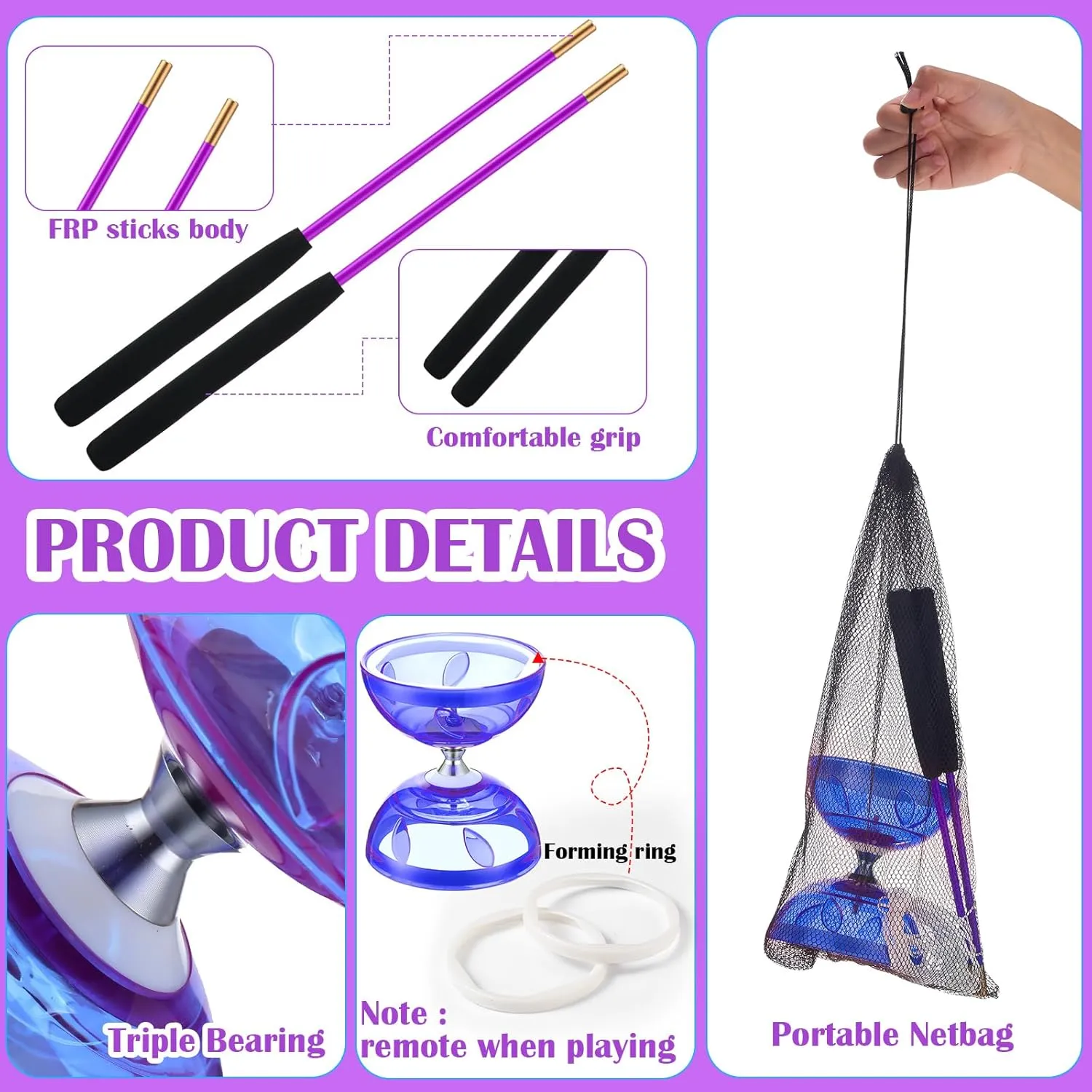 Chinese Yoyo Diabolo Set Includes Colorful Chinese Yoyo with 2 Pieces Diabolo Sticks, 1 Piece String, 1 Net Bag for Fun(Purple)