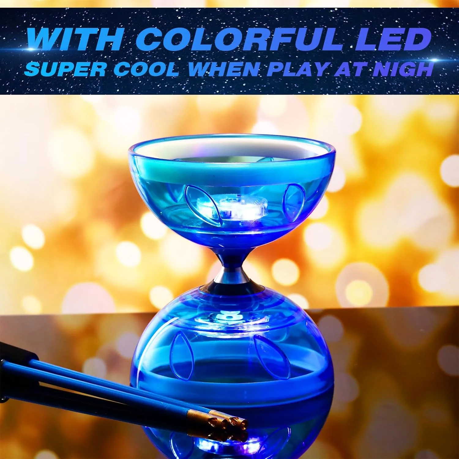 Chinese Yoyo Diabolo Set Includes Colorful LED Diabolo Toy Light up with 2 Pieces Sticks, 1 Piece String, 1 Net Bag for Fun(Blue)