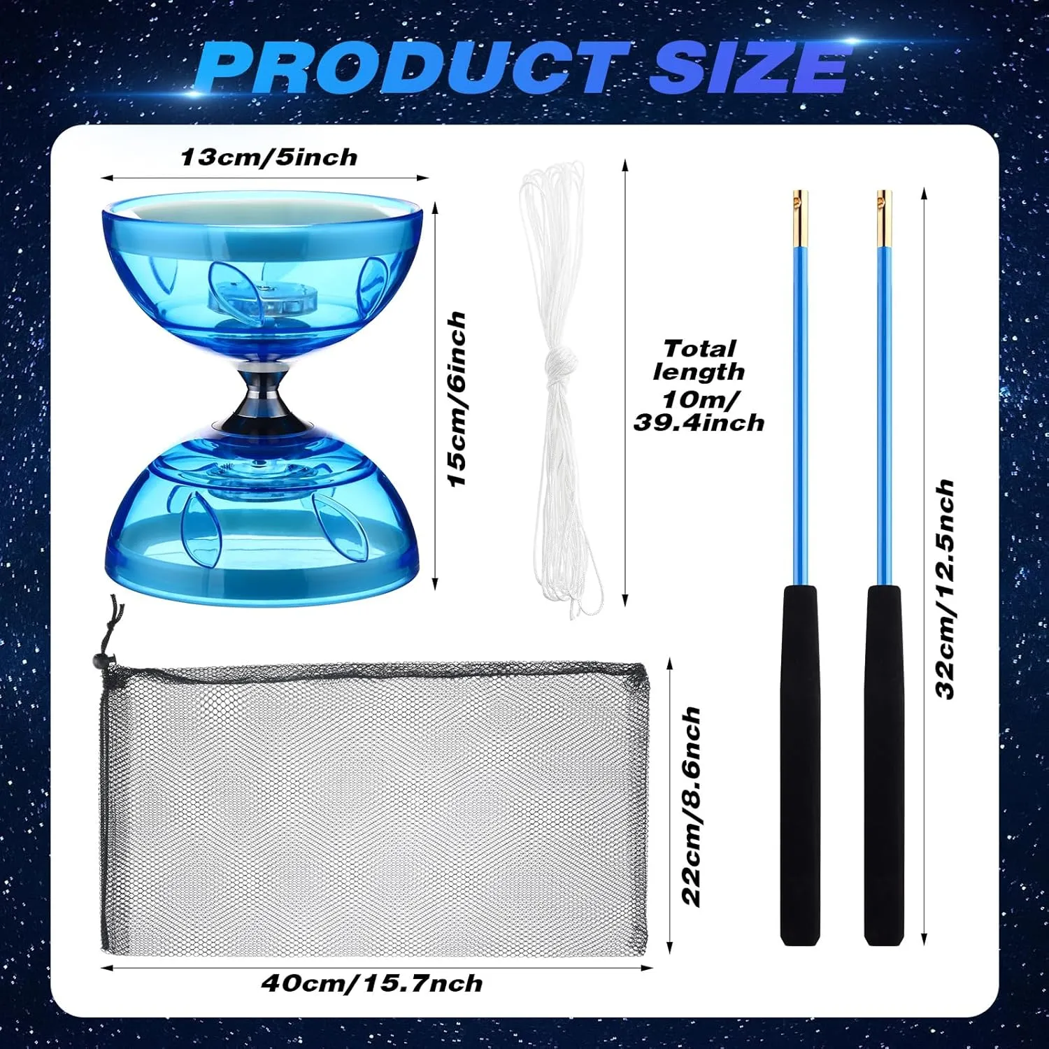 Chinese Yoyo Diabolo Set Includes Colorful LED Diabolo Toy Light up with 2 Pieces Sticks, 1 Piece String, 1 Net Bag for Fun(Blue)