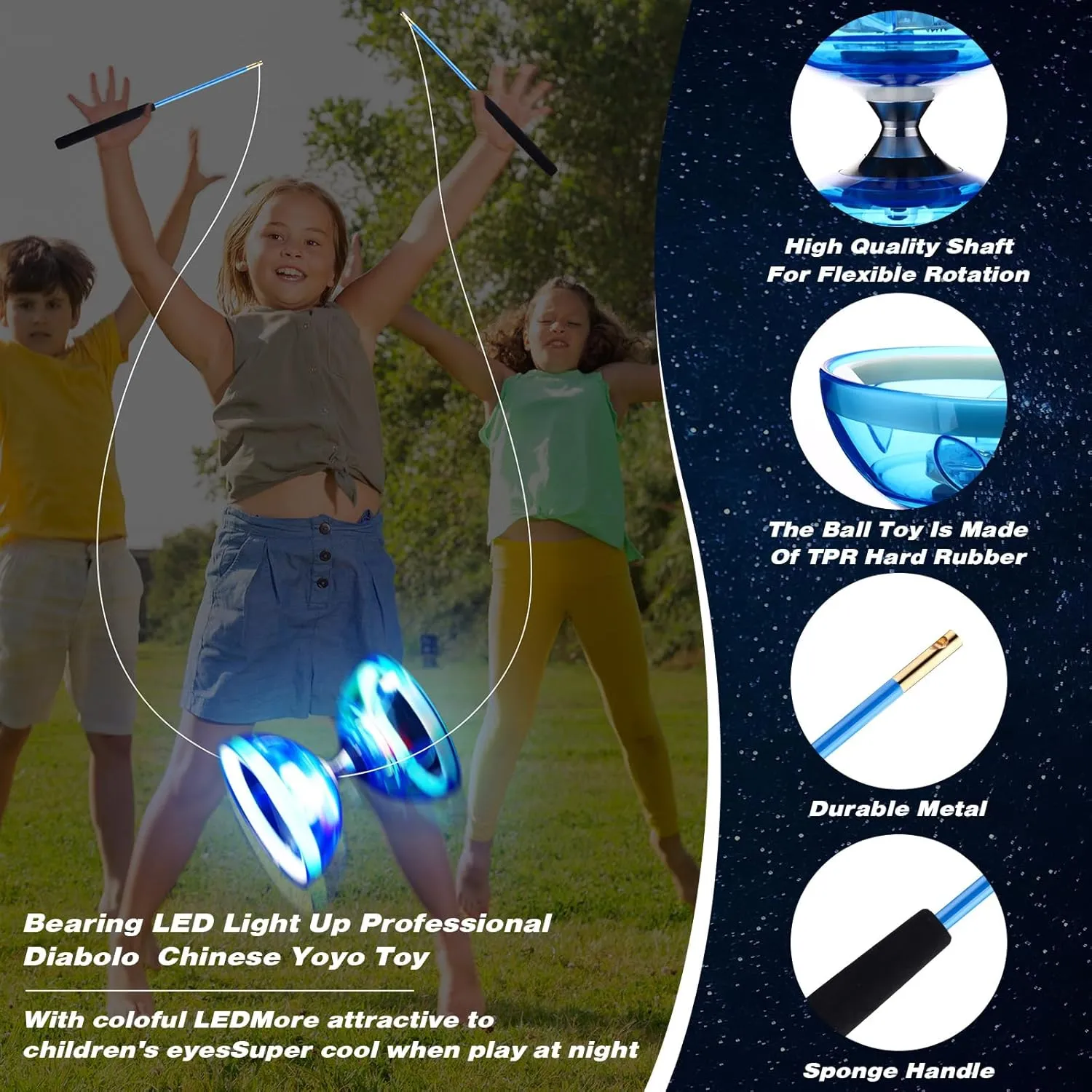 Chinese Yoyo Diabolo Set Includes Colorful LED Diabolo Toy Light up with 2 Pieces Sticks, 1 Piece String, 1 Net Bag for Fun(Blue)